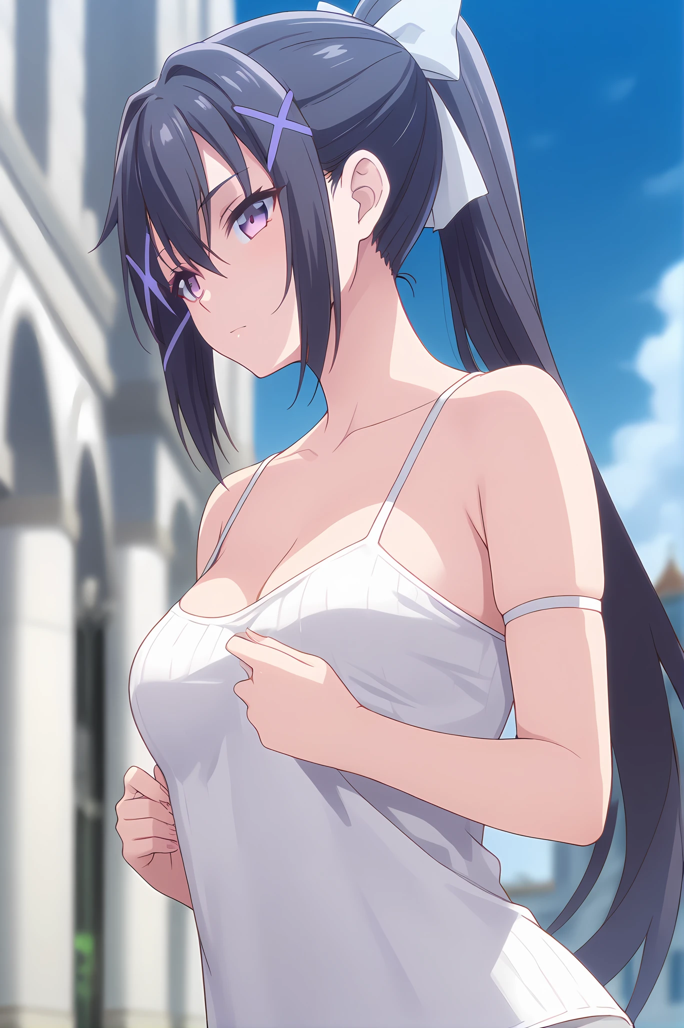 (upper body:1.20), gg-nel, purple eyes, black hair, ponytail, x hair ornament, medium breasts, 1girl, solo, skinny, score_9, score_8_up, score_8, score_7_up, score_7, score_6_up, score_6, score_5_up, score_5, source_anime, horny, night sky outdoors, (full body:1.20), (:1.20), feet, <lora:gg-nel-V01-000003:1.00>