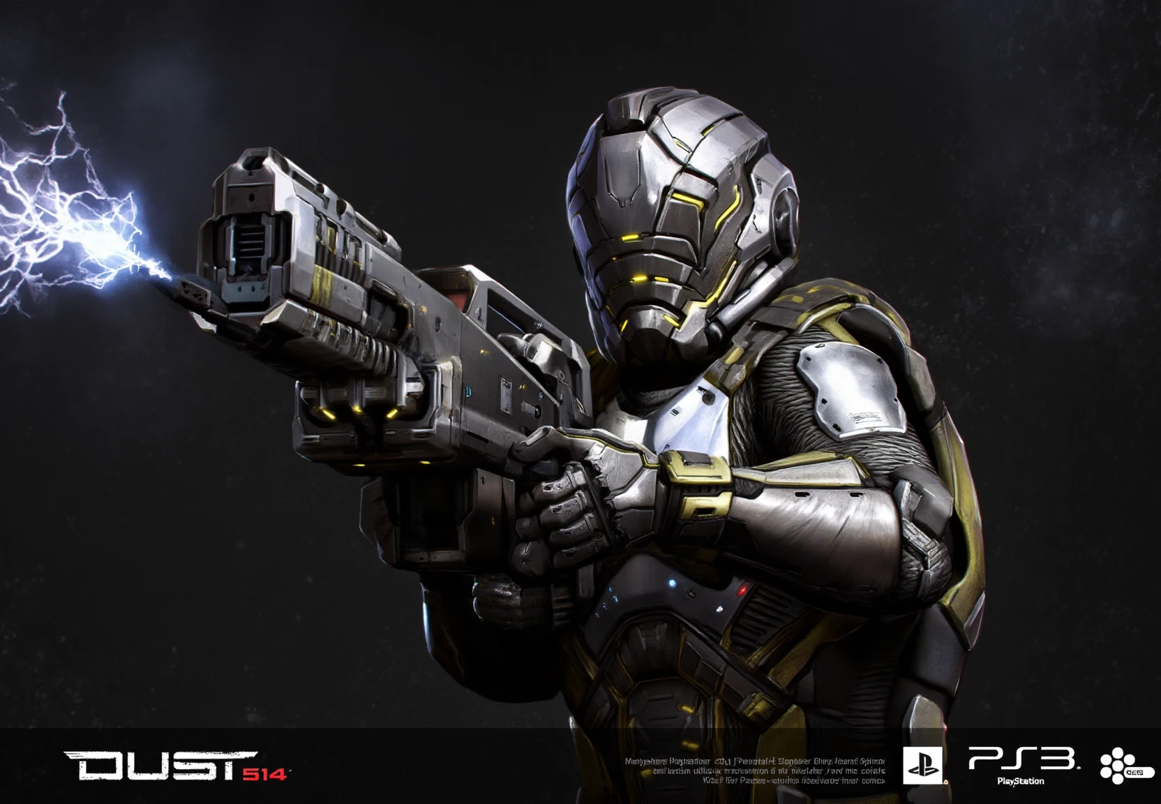 FuturisticWarrior style,,This image portrays amarr haevy, heavily armored in a high-tech, metallic exosuit. The armor is more bulky and robust, with intricate layers of plating in a silver and gray color scheme, accented by glowing yellow lines that give the suit a powerful, advanced look. The soldier's helmet is large and features a visor, adding to their intimidating presence. They are wielding an oversized, forge gun, with visible energy crackling near its muzzle, indicating it may be some kind of advanced energy. The overall scene is dark and gritty, with the background mostly obscured, adding a mysterious atmosphere. The amarr haevy's stance is firm, with both hands gripping the weapon as if preparing for combat. The "DUST 514" and PlayStation 3 logos at the bottom suggest this is part of a promotional image for the game.