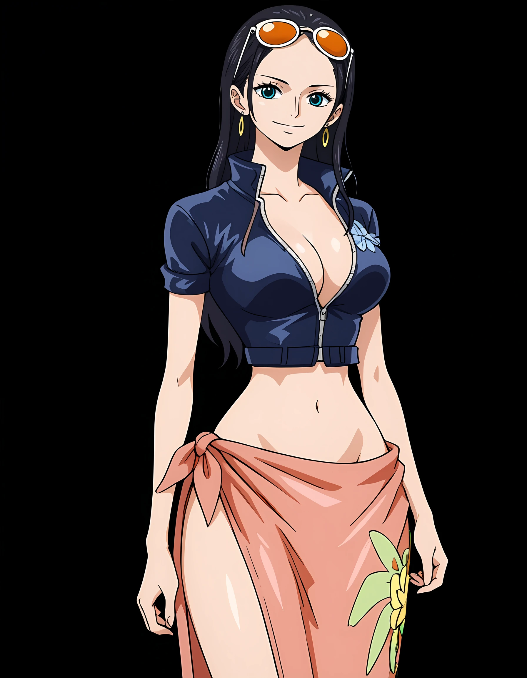 <lora:Nico_Robin-000011:1>, n1corobin, 1girl, solo, simple black background
t1meskip-outfit, eyewear on head, midriff,  cleavage, partially unzipped, cropped jacket, sarong, short sleeves, earrings, 
standing, looking at viewer, thighs, smile,