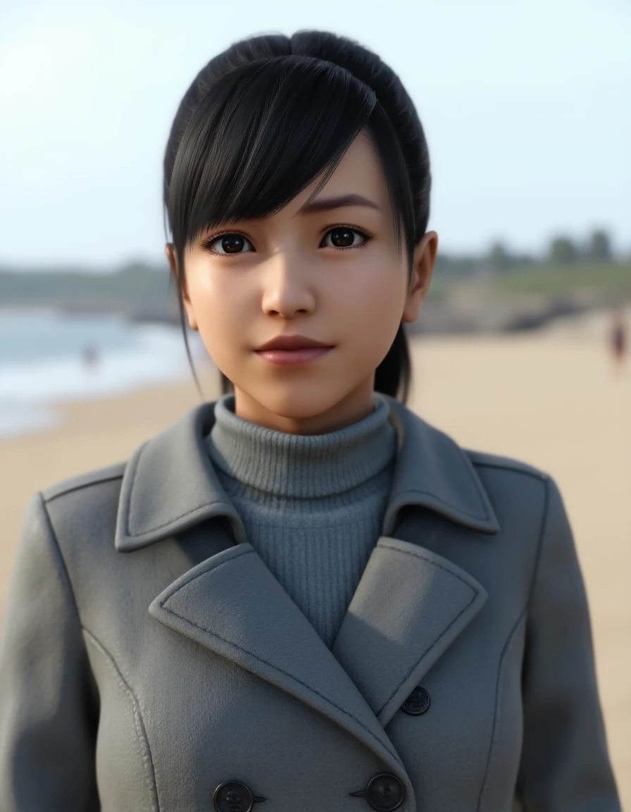 <lora:Haruka_Sawamura:0.8> Video game screenshot. Upper-body photo of hrkswmr. She has ponytail and is wearing grey coat. The background implies a beach at daytime.