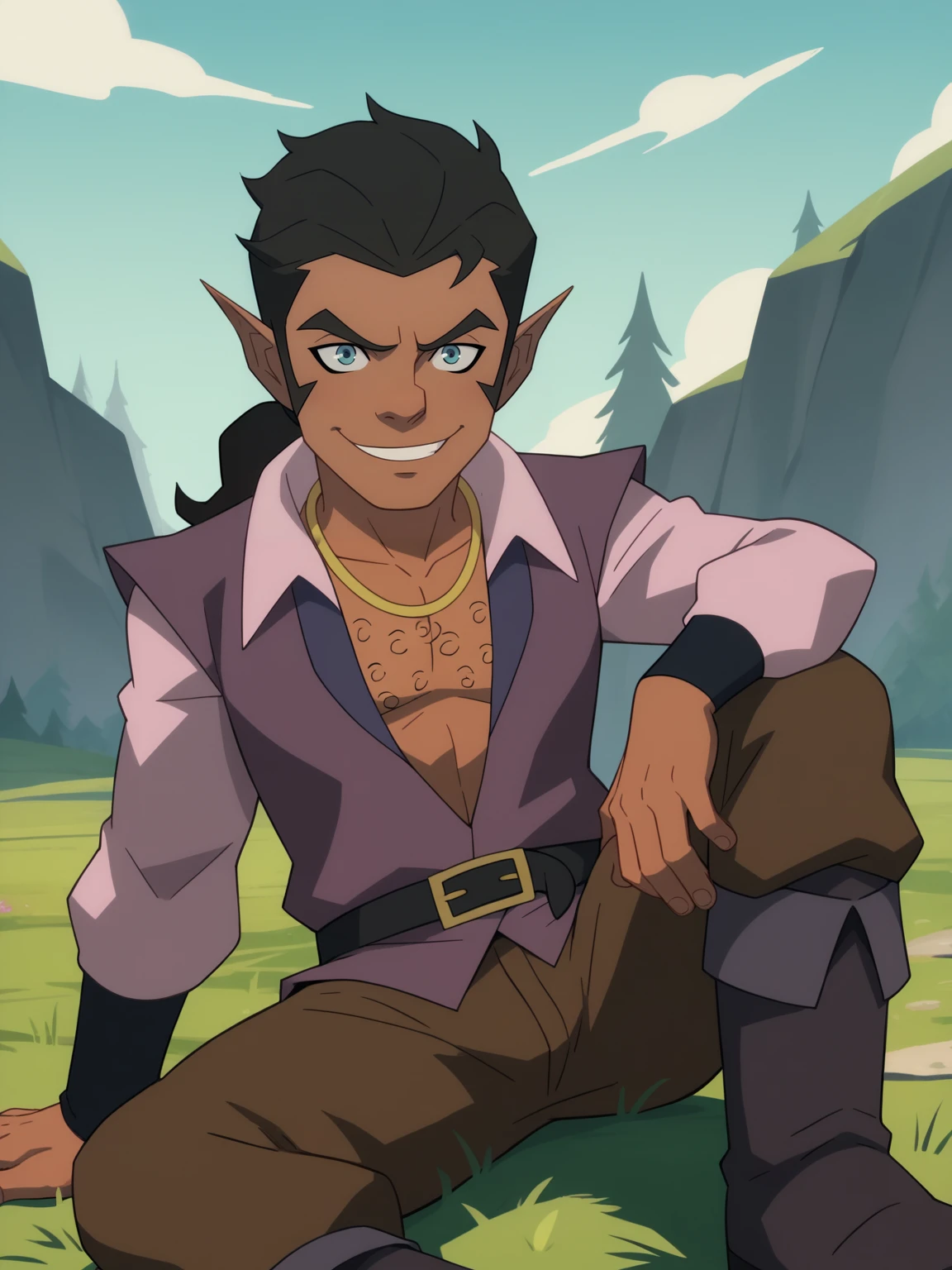 score_9, score_8_up, score_7_up, BREAK,
scanlan, 1boy, black hair, ponytail, blue eyes, dark skin,  pointy ears,
necklace, open shirt, chest hair, brown pants, shirt,
belt, boots,
solo, smile, looking at viewer, outdoors, blue sky, grass  <lora:ScanlanXL_byKonan:1>