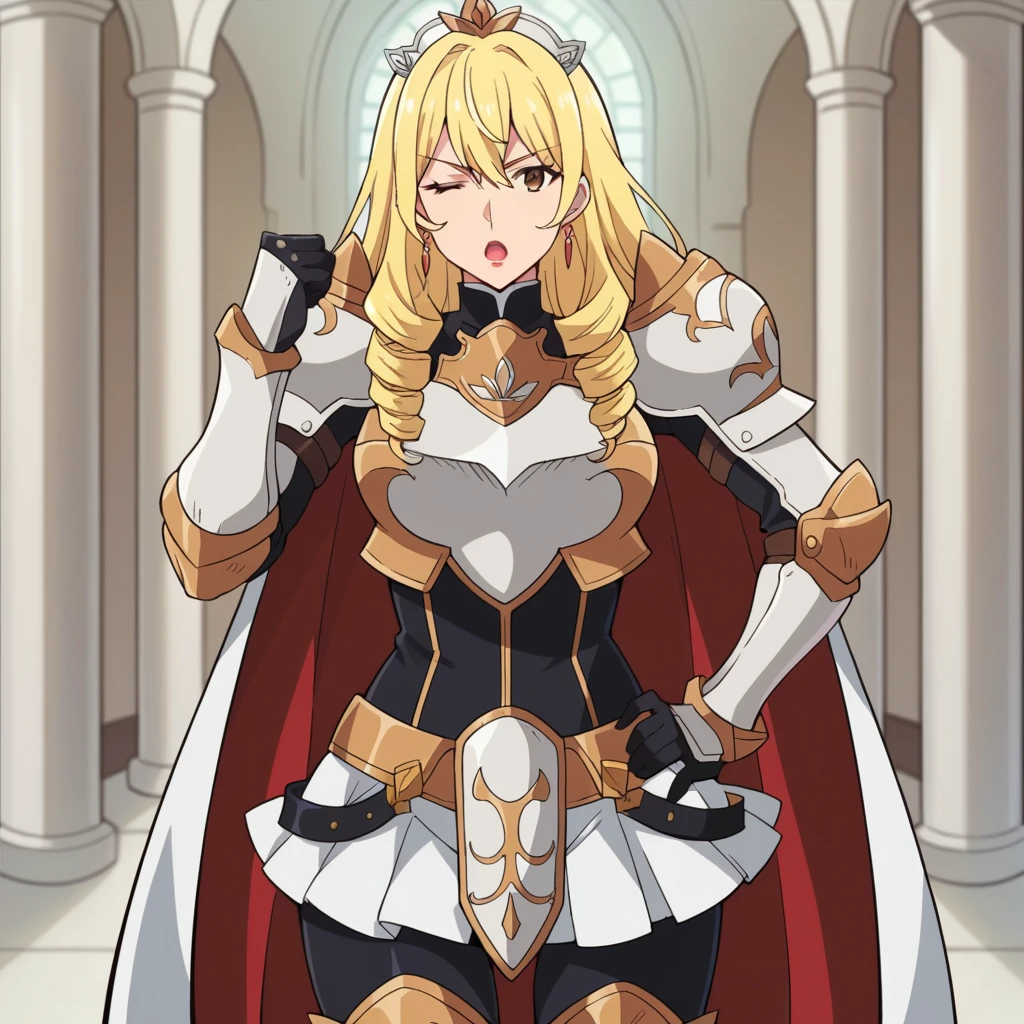 score_9_up, score_8_up, score_7_up, source_anime, 1girl, solo, Bozes, castle interior, standing, hand on hip, annoyed, open mouth, looking at you, brown eyes, long hair, blonde hair, drill hair, gloves, tiara, gauntlets, turtleneck, white armor, jewelry, earrings, red inner cape, white cape, lipstick, red lips, belt, black corset, black pantyhose, black pantyhose, gold knee pads, gold trim, thigh boots, armored boots, black gloves, pauldrons, pleated skirt, white skirt, breastplate, shoulder armor, mature body, dynamic cowboy shot, indoors, luxurious background