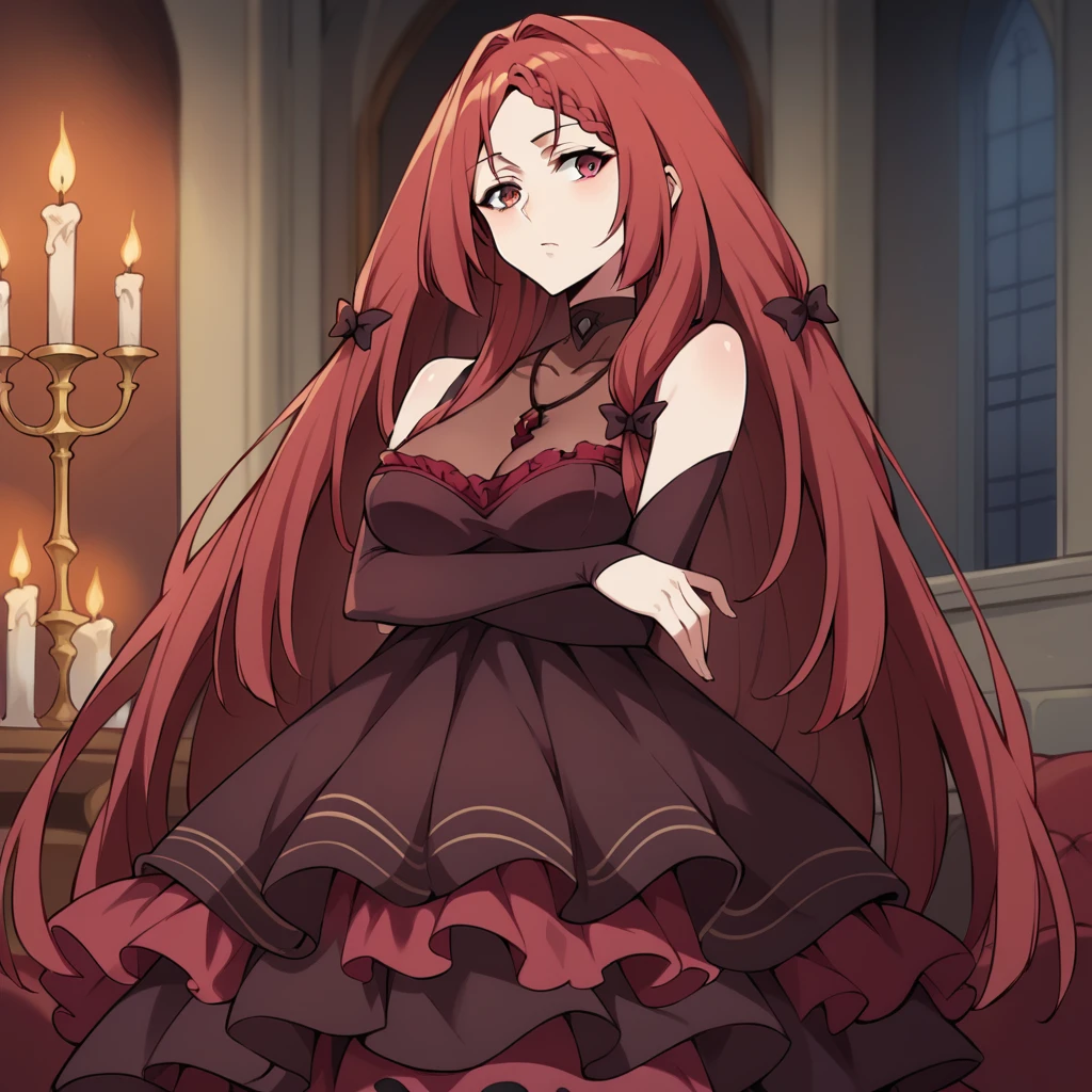 score_9_up, score_8_up, score_7_up, source_anime, 1girl, solo, Elisabeth, gothic castle, candles, bedroom, standing, crossed arms, looking to side, slight blush, pouting, red hair, long hair, red eyes, pantyhose, pleated skirt, layered skirt, frilled skirt, frilled dress, maroon sleeves, dark red sleeves, long sleeves, strap dress, shoulder straps, necklace, covered collarbone, dark red bow, braided bangs, covered breasts, maroon dress, dark red dress, mature body, dynamic cowboy shot, indoors, gothic background