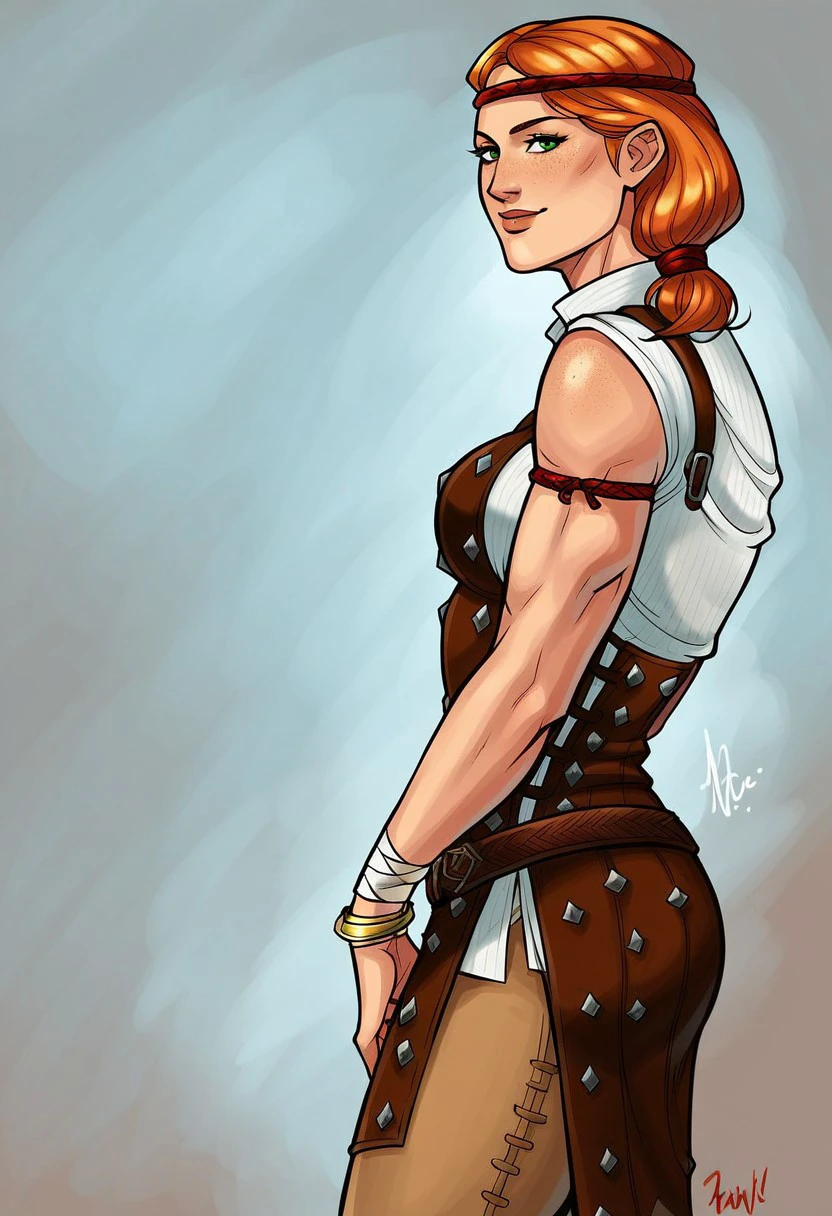 Aveline Vallen,1girl,solo,orange hair,freckles,green eyes,large breast,headband,boots,pants,bracelet,cleavage,belt,lips,shirt,armor,necklace,sleeveless,choker,armlet,anklet,vest,biceps,seductive pose,sexual pose,dat ass,
score_9, score_8_up, score_7_up, beautiful aesthetic, very intricate, high quality details,vibrant, highly detailed, award-winning, professional,anime artwork, anime style, studio anime, athletic, toned female,muscular milf,curvy body, athletic girl,fit girl,  round breasts, ,looking at viewer, pinup pose,teasing, dynamic lighting, cinematic, smug, better than you, aura of temptation, highly detailed, high resolution, masterpiece, detailed clother, detailed background, highly detailed, ((sound effects)) comic layout,