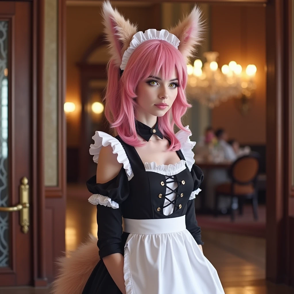 a realistic photograph of MCTamamo standing in a luxurious house waiting patiently. The image is a photorealistic of a real person. She has pink hair and fox ears and a fox tail and is wearing a black and white Maid's dress with a white apron
<lora:MCTamamo:1>