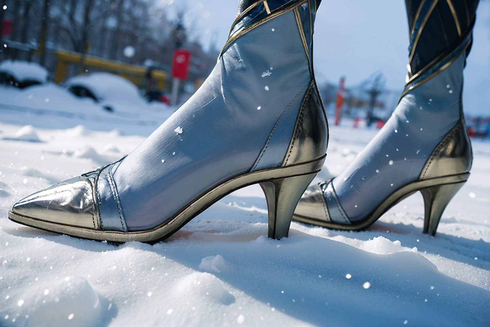 foot focus,stiletto heels,pantyhose,dress,close-up,blurry,outdoors,(snow),snowing,snowflakes,simple background,Highly detailed,(ultra-detailed),(best quality,masterpiece:1.5),<lora:20240929-1727556316199:0.65>,