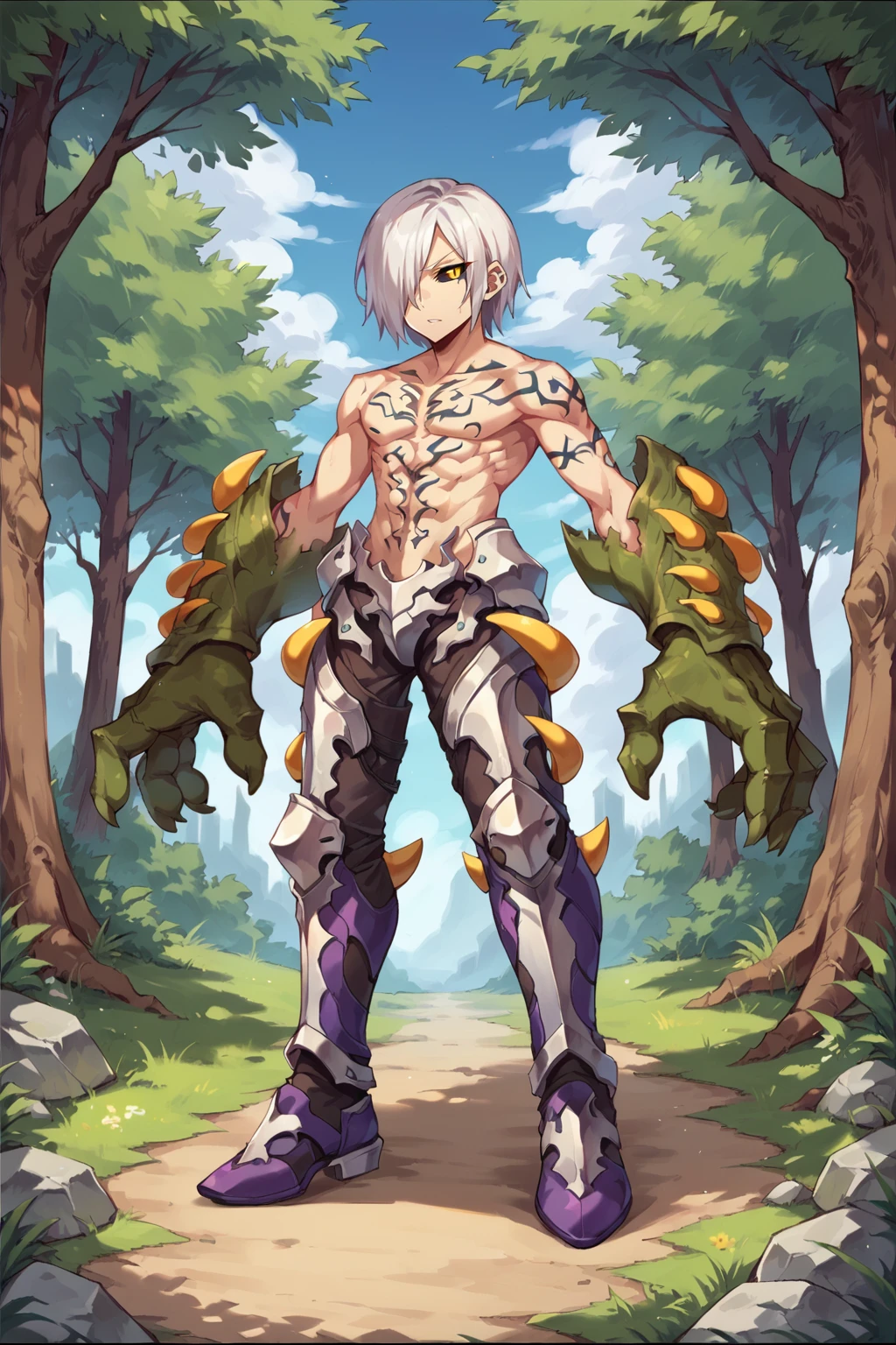 (score_9, score_8_up, score_7_up), source anime,  looking at viewer, <lora:Cardes:0.7> , cadef, 1boy, yellow eyes, black sclera, white hair, short hair, hair over one eye, topless male, green hands, oversized limbs, (tattoo), crotch plate, armored legs, armor, yellow spikes, purple footwear,  full body, <lora:ph4nt0m01lXLP:0.25> , ph4nt0m01l,  BREAK
exterior, forest, blue sky, <lora:backgroundsetXL:0.2> , background,