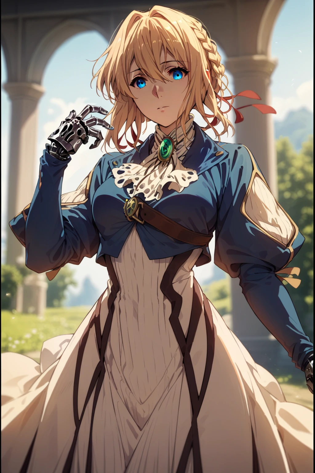 score_9, score_8_up, score_7_up,1girl,violet evergarden,blonde, braids, red ribbon, blue eyes, medium breasts, blue jacket, cropped jacket, brooch,ascot ,Juliet sleeves, dress, mechanical hands, cowboy shot, blurry background, looking at viewer