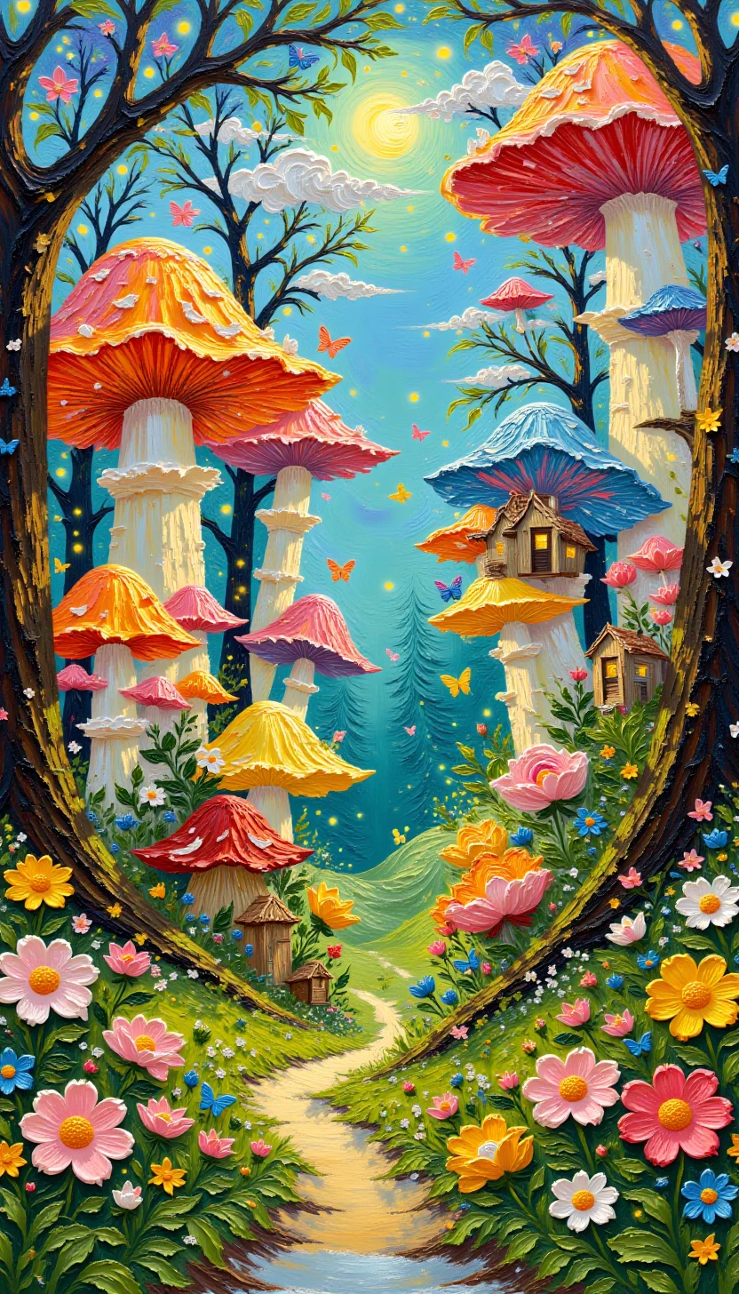 pinkoilpainting,A whimsical village built entirely from giant mushrooms, with houses nestled in their caps. The streets are paved with moss, and glowing fungi light the way. The villagers, dressed in natural fibers and adorned with flowers, go about their daily lives in this enchanting and harmonious community