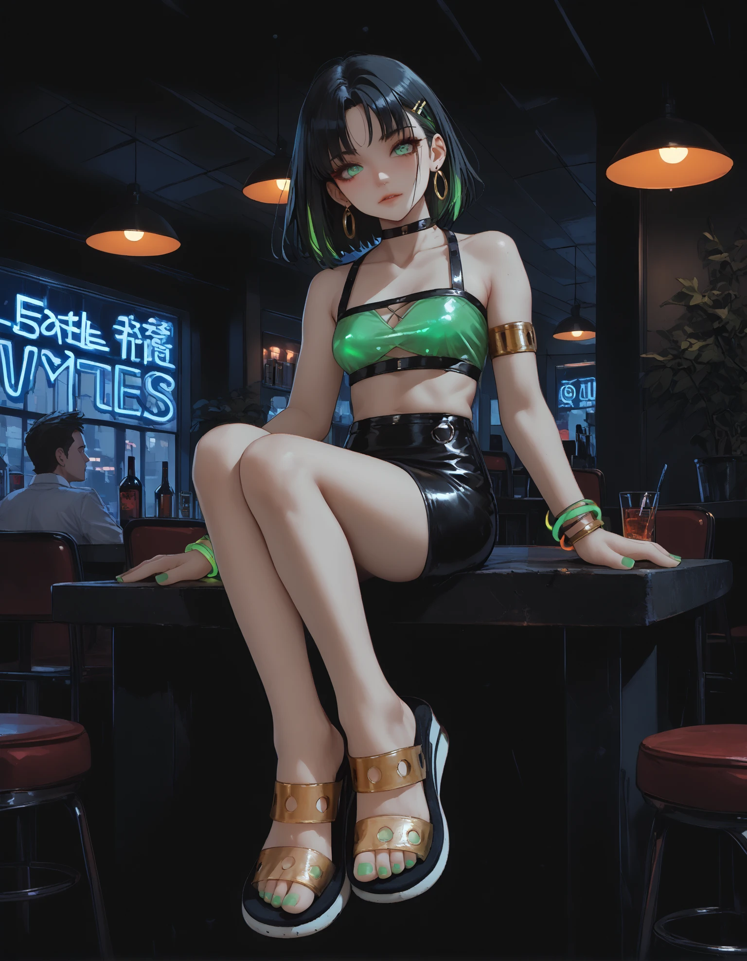 score_9, score_8_up, score_7_up, score_6_up, score_5_up, score_4_up, source_anime,
1girl,
sitting on table, 
nightclub,
latex skirt, black fishnet tubetop, neon green bikini top,
black hair,
(ï»¿uf0 sandals), (toenail polish), feet, toes, perfect feet,
glowing green footwear,
ï»¿j3lly bracelets, glowing neon bracelets,
dark, dark background, Low-key lighting,
embedding:zPDXL2 ,