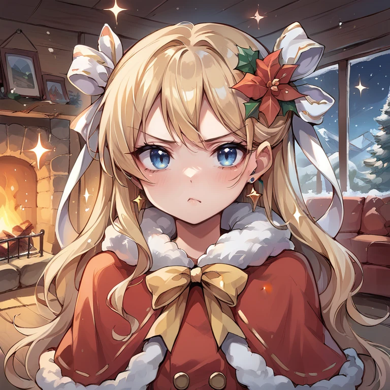 (score_9, score_8_up, score_7_up), source anime,  <lora:backgroundsetXL:0.2> , background,  indoor, interior, winter, log cabin, fireplace, sparkles, glitter, fairies, mountain, BREAK
<lora:Priscilla:0.6> , prdef, 1girl, blonde hair, blue eyes, long hair, hair ornament, hair ribbon, white hair ribbon, neck ribbon, yellow neck ribbon, hair flower, earrings, capelet, fur-trimmed capelet, pout, frown, ((close-up, face)), christmas (theme),  red shirt, dress, perfect hands, arms at sides, looking at viewer, <lora:3th3r34lXLP:0.5> , 3th3r34l,