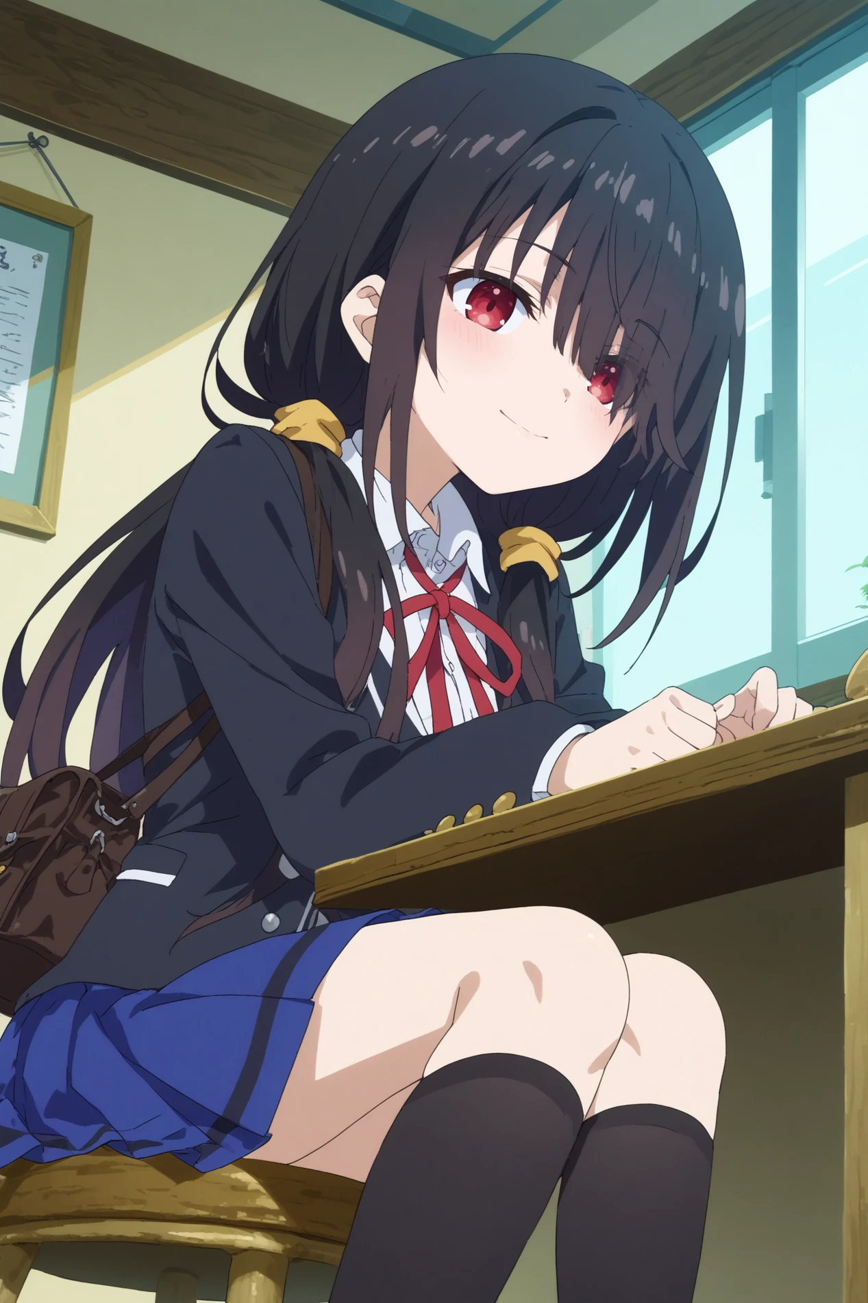 1girl,solo,kurumi tokisaki,long hair,smile,kurumi tokisaki school uniform, tokisaki kurumi, long hair, skirt, black hair, red eyes, long sleeves, ribbon, school uniform, jacket, pleated skirt, hair over one eye, blue skirt,upper body,dutch angle,good_hands 

<lora:Kurumi_Tokisaki:0.8>