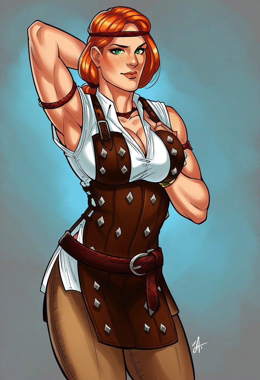 Aveline Vallen,1girl,solo,orange hair,freckles,green eyes,large breast,headband,boots,pants,bracelet,cleavage,belt,lips,shirt,armor,necklace,sleeveless,choker,armlet,anklet,vest,biceps,seductive pose,sexual pose,
score_9, score_8_up, score_7_up, beautiful aesthetic, very intricate, high quality details,vibrant, highly detailed, award-winning, professional,anime artwork, anime style, studio anime, athletic, toned female,muscular milf,curvy body, athletic girl,fit girl,  round breasts, ,looking at viewer, pinup pose,teasing, dynamic lighting, cinematic, smug, better than you, aura of temptation, highly detailed, high resolution, masterpiece, detailed clother, detailed background, highly detailed, ((sound effects)) comic layout,