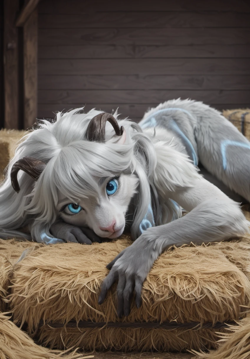 photo realism, rating_questionable, natural light, <lora:KindredFLUX:0.9>kindredlamb, lamb (lol), sheep face, furry female, anthro, sheep girl, solo, (long hair), body fur, furry, glowing, white fur, laying on a pile of hay, indoors, barn, tools, ropes, looking at viewer, relaxed pose, legs closed,  curvy body, hand on chest, pretty blue eyes, looking at viewer, tail, detailed eyes, correct eyes, eye detail,long floppy ears,small horns, <lora:ARTifacts:1>art1fact, detailed background,