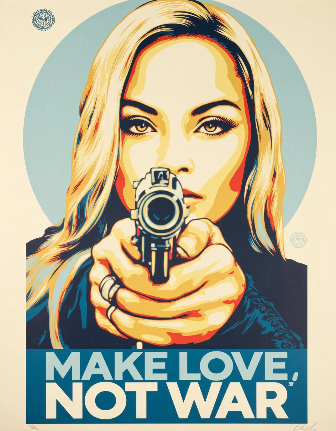 <lora:ShepardFairey:1>, ck-fairey,  poster, a blond woman aiming a gun at the viewer, white and blue background, text:"MAKE LOVE, NOT WAR"