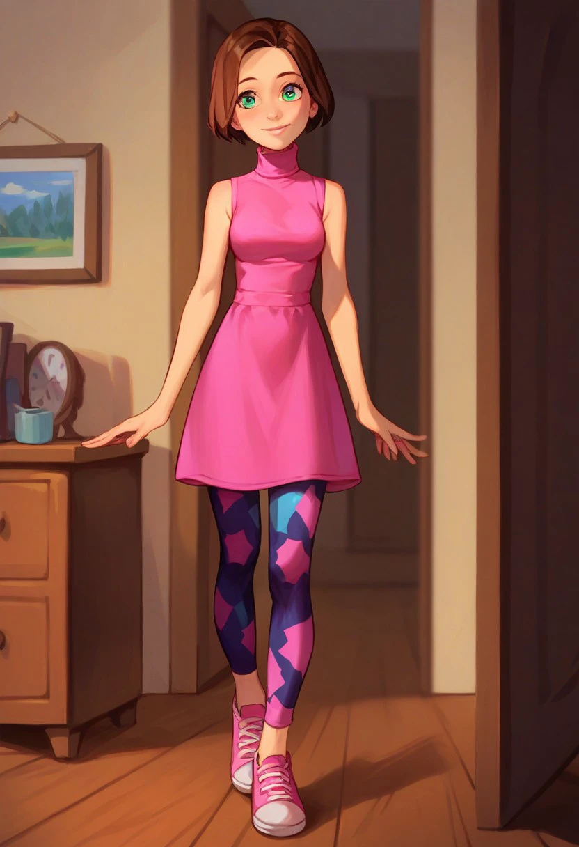 score_9, score_8_up, score_7_up detailed face, detailed eyes, 1girl, solo, lyub0v, short hair, brown hair, aqua eyes, pink sleeveless turtleneck, leggings, shoes, room,