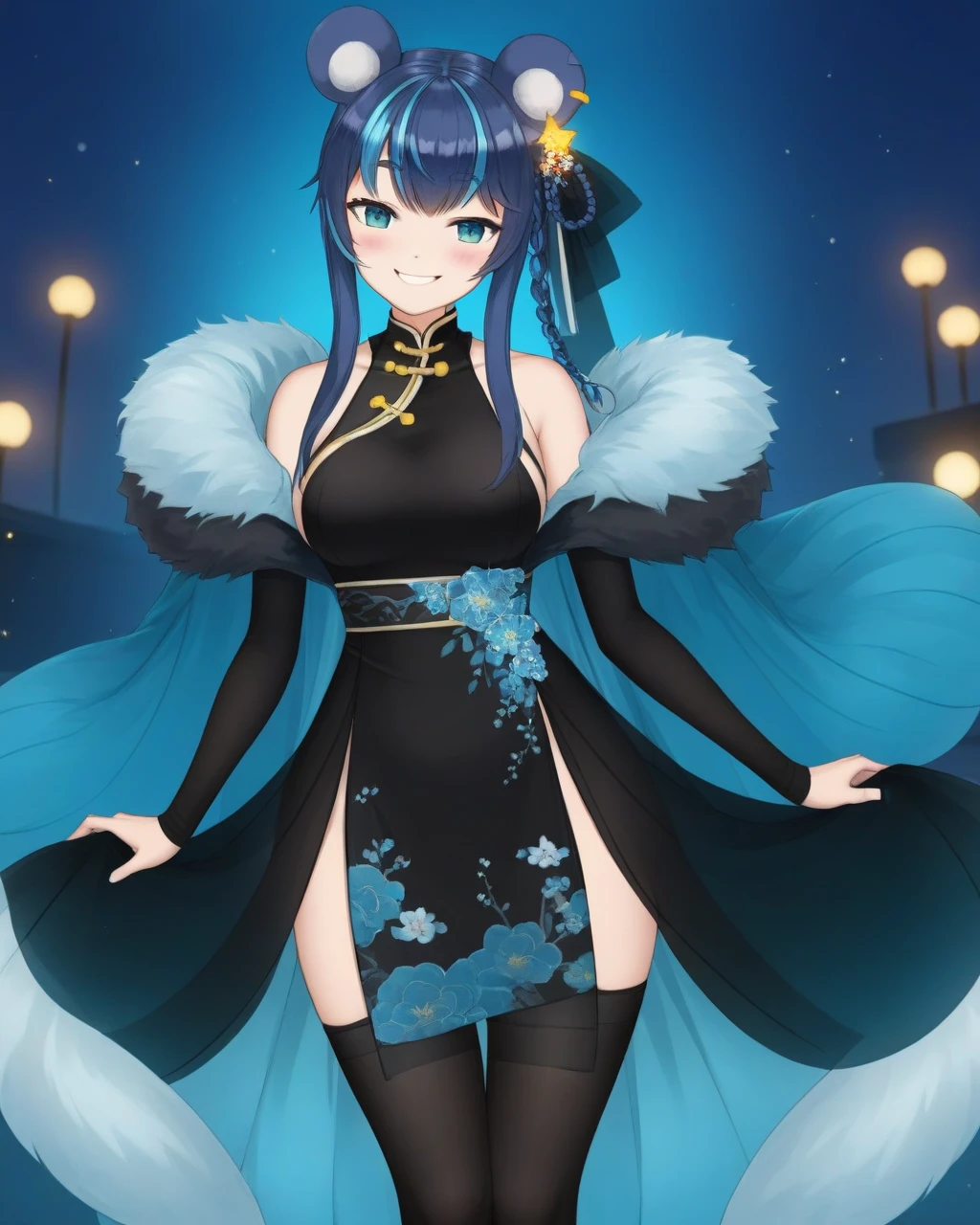 uruka, alternative outfit, animal ears, aqua eyes, bare shoulders, black legwear, blue hair, breasts, china dress, chinese clothes, double bun, long hair, looking at viewer, smile, solo, fluffy dress
smile, solo, virtual youtuber, shading, ultra-detailed, upper body
 <lora:URUKA-XLv2-t1:0.6>