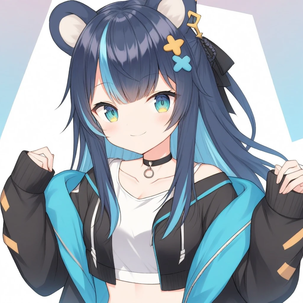 uruka, original outfit, animal ears, bangs, choker, skirt, collarbone, crop top, hair ornament, jacket, long hair, long sleeves, looking at viewer, multicolored hair, off shoulder, open clothes, shirt, sleeves past wrists, smile, solo, upper body, virtual youtuber, anime drawing, 
 <lora:URUKA-XLv2-t1:0.6>