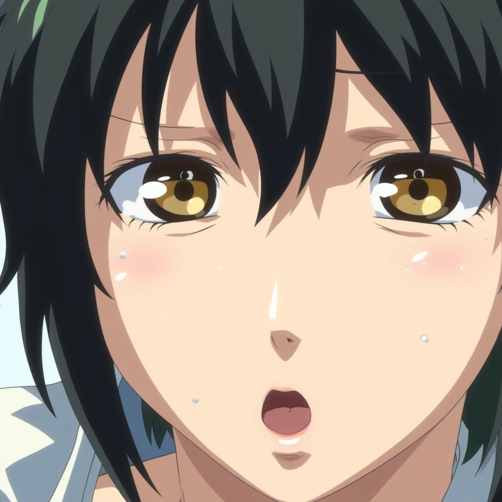 <lora:Bible Black Adult animation style v2:0.5>
In Adult animation style, In Manga and Anime cartoon style Yukiko Minase a close up of a person with a surprised look, 1girl, solo, looking at viewer, short hair, open mouth, black hair, hair between eyes, brown eyes, yellow eyes, sweat, close-up brown_eyes, short light_green hair, choppy hair, eroge, anime, manga, nsfw, cartoon, Adult animation, explicit, Original video animation, Baiburu Burakku style, Bible Black style, portrait, close-up