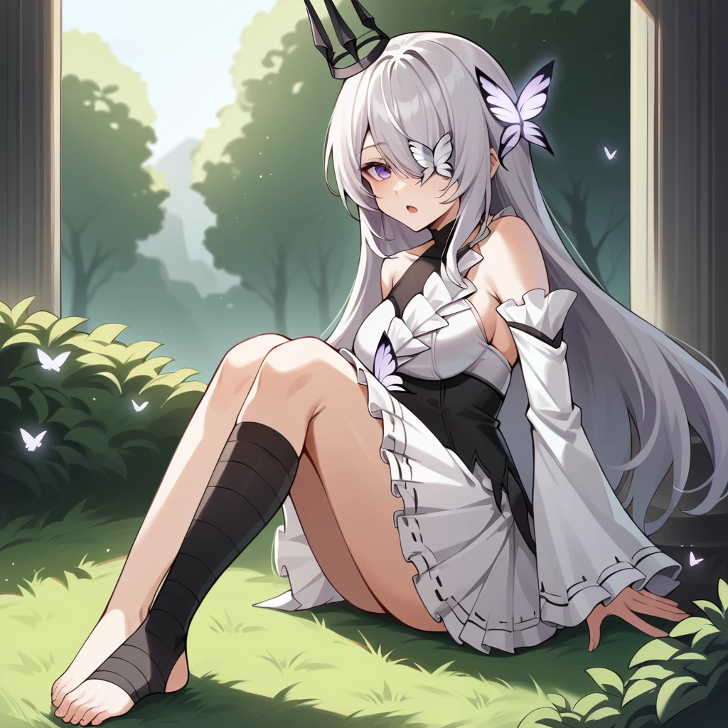 score_9_up, score_8_up, score_7_up, source_anime, 1girl, solo, Hela, AG_Alt, sun light, trees, bushes, ruins, pillar, sitting on grass, bend knees, hugging own knees, from side, sleepy, open mouth, looking at you, toeless legwear, feet, grey hair, long hair, one eye covered, purple eye, white butterfly, hair over one eye, black crown, crown, black corset, corset, alt halterneck, covered breasts, frilled dress, black thighhighs, single thighhigh, asymmetrical legwear, turtleneck, shoulder strap, white bra, sleeves past wrists, pleated skirt, white skirt, bare shoulders, sleeveless dress, white dress, pleated dress, alt dress, detached sleeves, alt white sleeves, wide sleeves, mature body, dynamic cowboy shot, outdoors, garden background