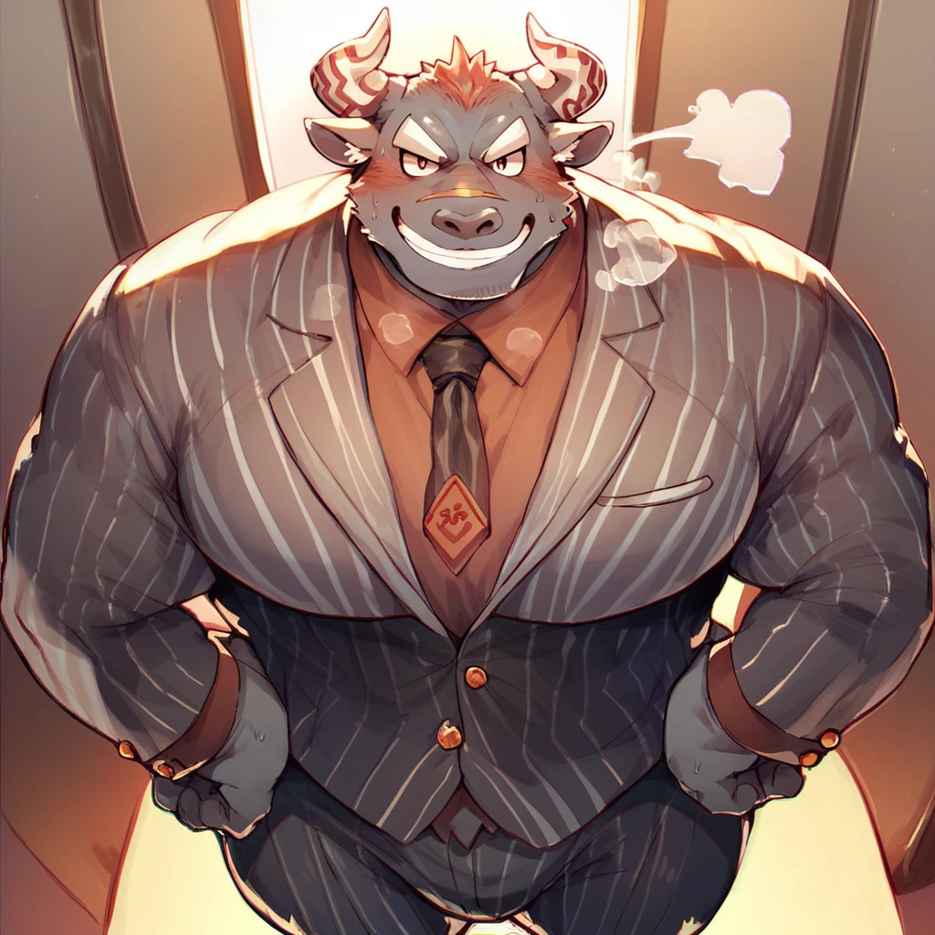 score_9, score_8_up, score_8, furry, Gyumao, bull, horns, cartoon style, 2d, muscular male, huge pecs, thick thighs, wide hips, solo, suit, pants, necktie, high angle, looking at viewer, smile, visible nose breath, blush, hands on hips, standing, inside