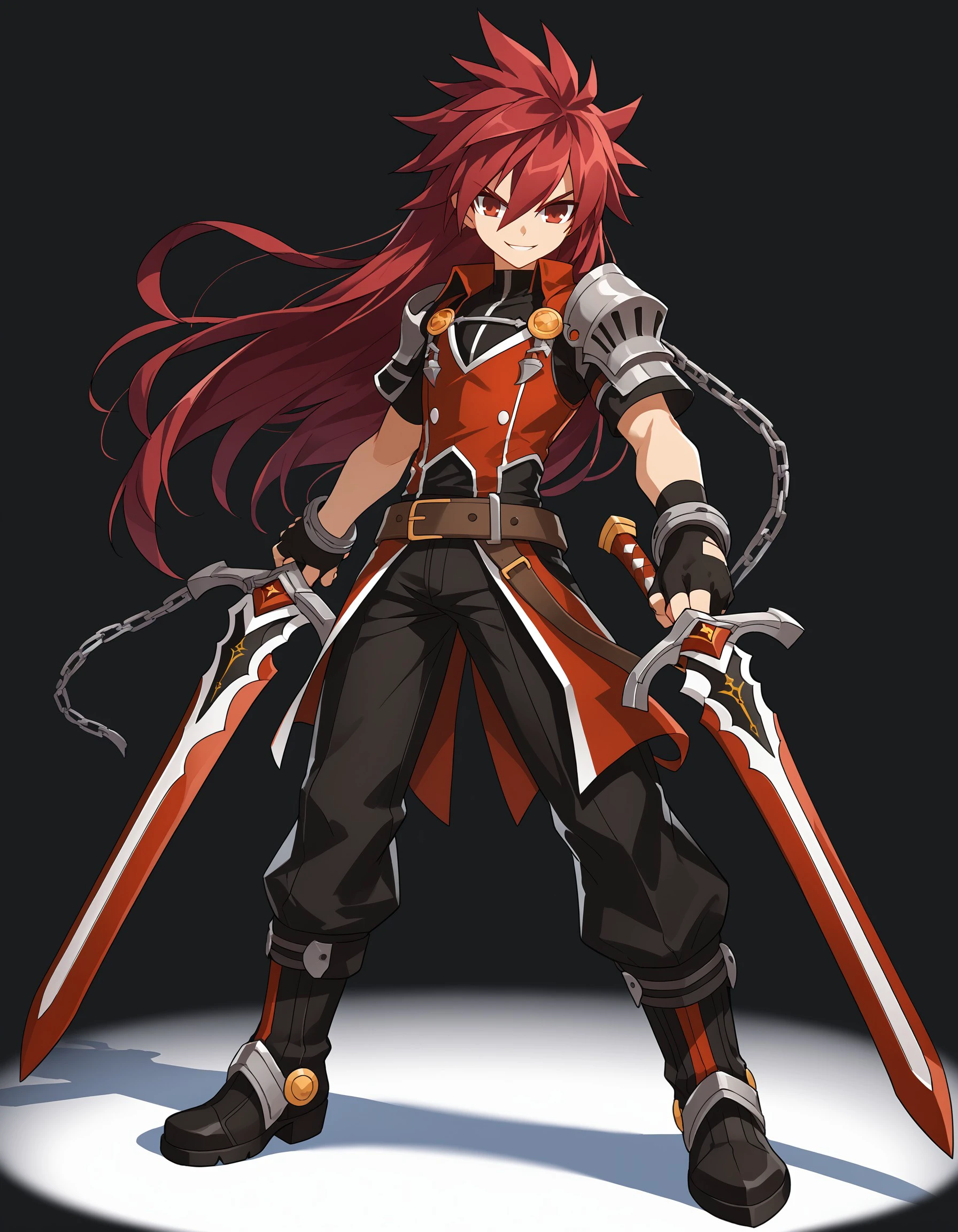 (masterpiece), best quality, expressive eyes, perfect face,elsword, weapon, sword, gloves, spiked hair, full body, pants, holding,  fingerless gloves, smile, black gloves, armor, holding weapon, holding sword, left-handed, long hair, belt, black pants, boots, standing, dual wielding, chain, <lora:51a04244-d159-484b-ab1b-893490cfde2b:0.7>