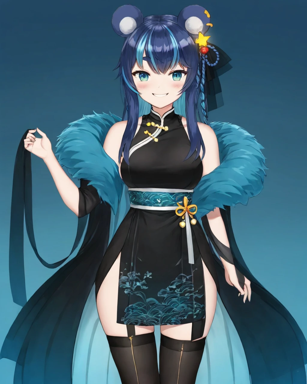 uruka, alternative outfit, animal ears, aqua eyes, bare shoulders, black legwear, blue hair, breasts, china dress, chinese clothes, double bun, dress, long hair, looking at viewer, sleeveless, smile, solo, standing, straight-on, thighhighs, fluffy dress
smile, solo, virtual youtuber, anime drawing, gradient background, shading, ultra-detailed, 
 <lora:URUKA-XLv2-t1:0.6>