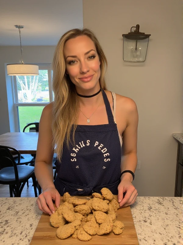 Nita Strauss is baking cookies wearing a apron in a kitchen <lora:Nita_Strauss:0.9>