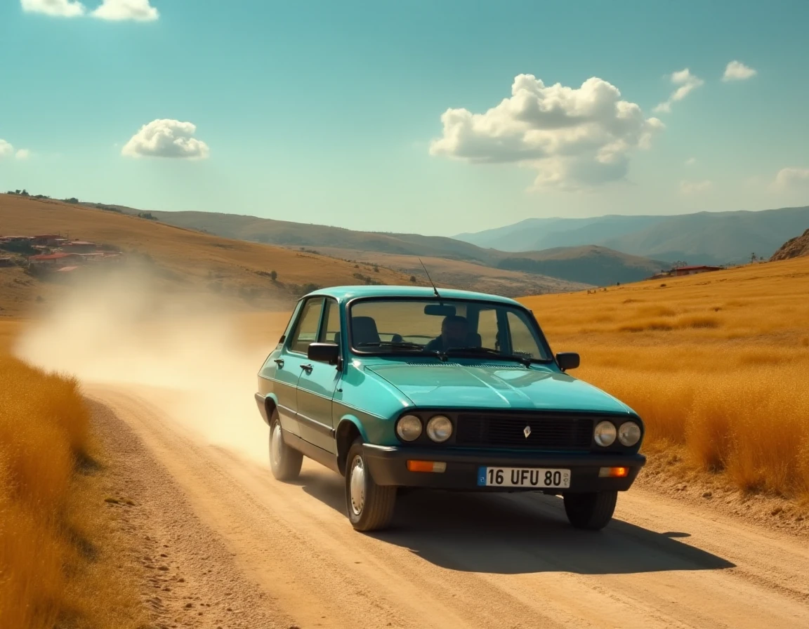 Set on a dusty rural road cutting through the rolling hills of Anatolia, a Renault 12 Toros cruises past, its windows down to let in the cool breeze. The carâs simple yet functional design, with its boxy frame and round headlights, contrasts against the golden wheat fields that stretch out on either side of the road. In the distance, small villages with red-tiled roofs and stone houses are nestled in the hills, with the sound of distant sheep bells filling the air. The sky above is a deep blue, with soft white clouds casting occasional shadows on the landscape. The scene is viewed from a slightly lower angle, emphasizing the robustness of the vehicle as it navigates the uneven dirt path. Dust kicks up from the tires, hinting at the long journey ahead, while the afternoon sun bathes the car in a warm, nostalgic glow. "16 UFU 80" is written on the license plate.
 <lora:uai_R12Toros_v104:1>