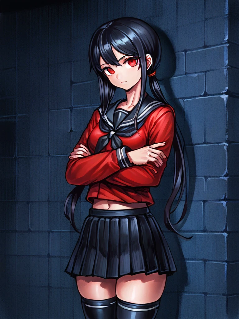 score_9, score_8_up, score_7_up, 
1girl, standing, red shirt, serafuku, crossed arms, low twintails, long hair,  black hair, red eyes, looking at viewer, black skirt, pleated skirt, thighhighs, outdoor, wall, night, looking at viewer,