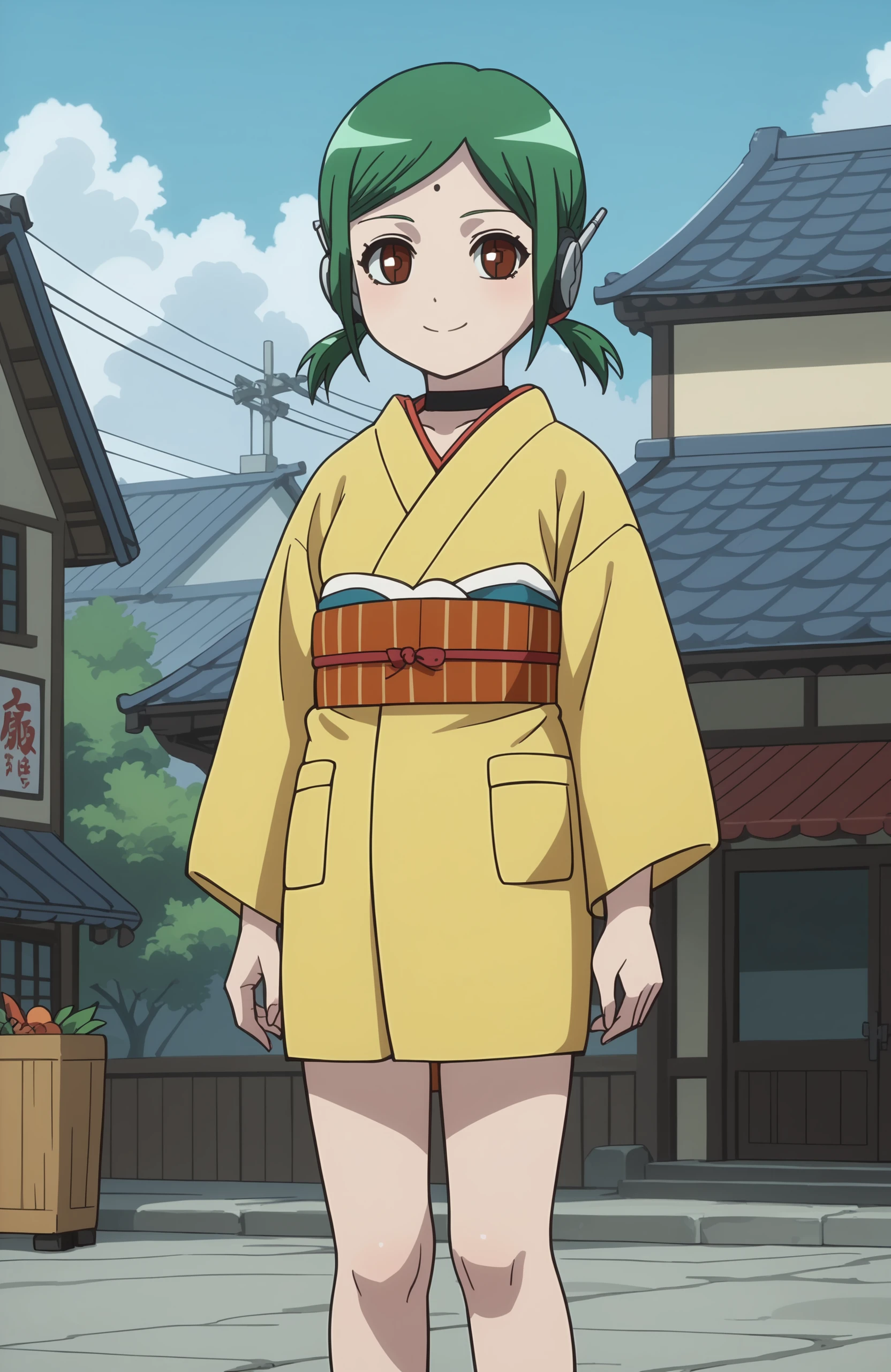 score_9, score_8_up, score_7_up, source_anime, rating_explicit, masterpiece, best quality, detailed background, anime screencap,
outside, in a feudal Japanese town, buildings, shop fronts,
 <lora:Tama:.8>â¢        Mini Tama, Green hair, twintails, choker, brown eyes, yellow kimono, robot ears, young, big smile