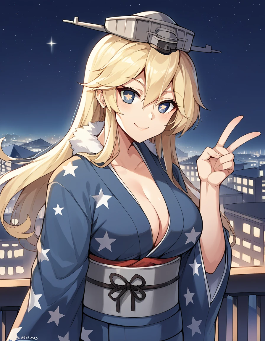 score_9, score_8_up, score_7_up, source_anime, <lora:kancolle-iowa-ponyxl-lora-nochekaiser:1>, iowa, iowa (kancolle), blonde hair, blue eyes, large breasts, hair between eyes, long hair, star-shaped pupils, symbol-shaped pupils, star (symbol),, american flag, flag print, fur trim, furisode, headgear, japanese clothes, kimono, rose, hair flower,, city skyline, rooftop view, night time, city lights, quiet reflection, smile, , v, v over eyes,, solo,, cowboy shot, dutch angle