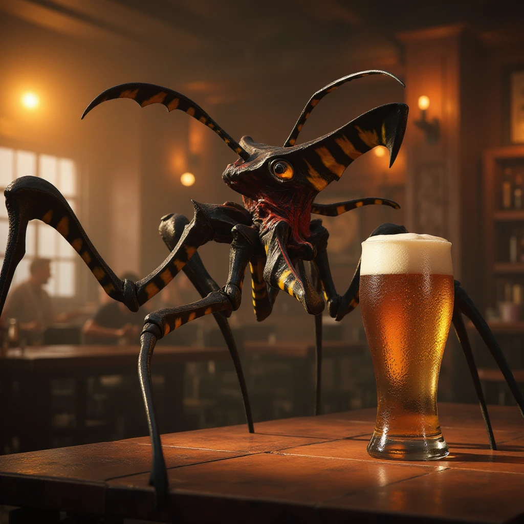 Starshiptroopers bug is a giant insect in a a pub having a beer <lora:Starshiptroopers:0.9>