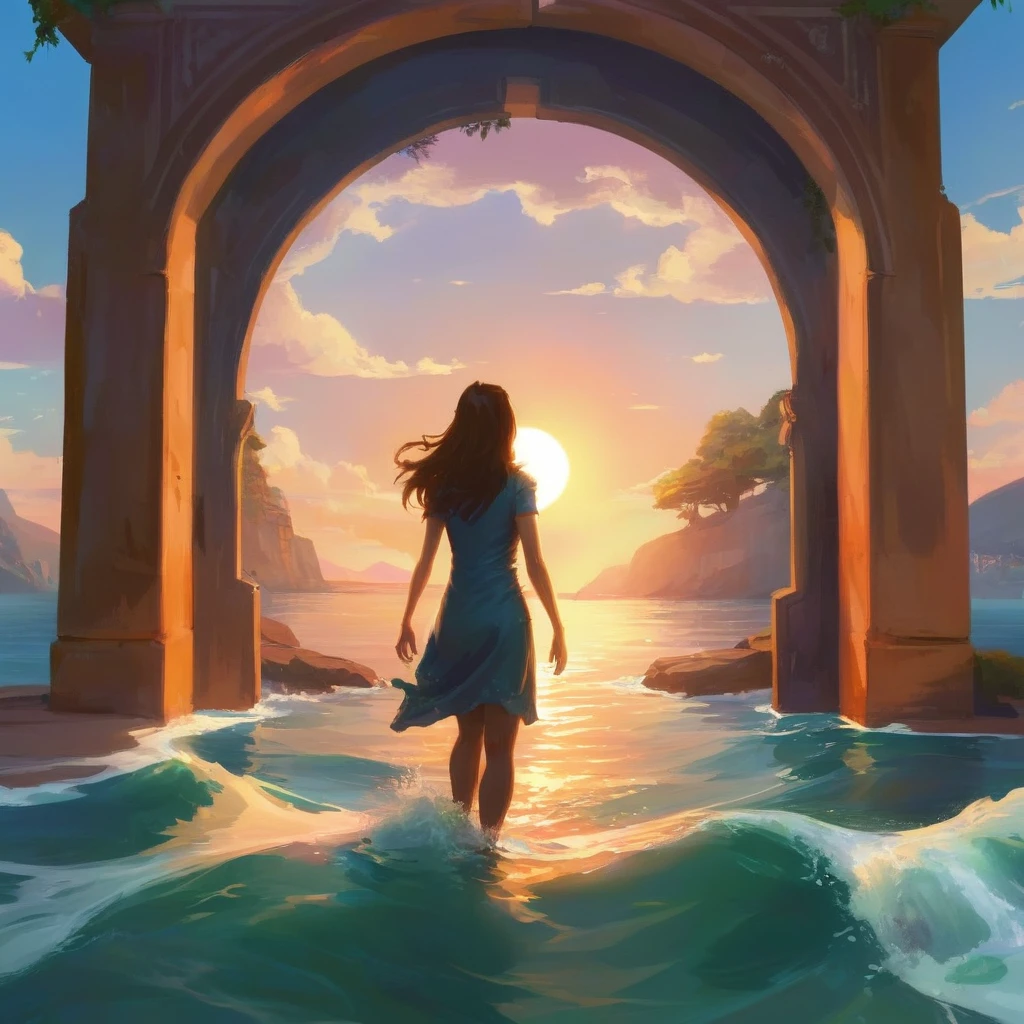 photo of beautiul landscape, sunset coast, ancient portal in water, sun behind the portal, shummering sun, 1girl backwards, straight brown long hair, wearing summer dress, warm illumination, valorant style