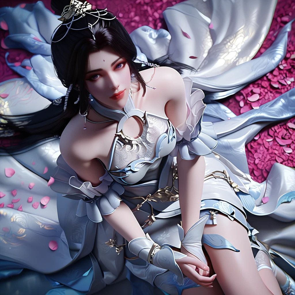 <lora:ponyyuechan1v:1>,score_9,score_8,score_7_up,yuechan,looking at viewer,white chinese clothes,gold detailing,collar,white arm bands,white wrist support,falling petals,white shoes,