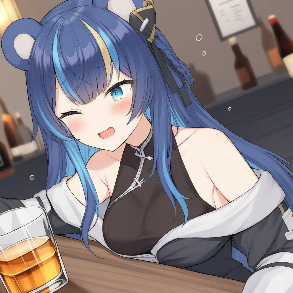 uruka, alternative outfit, bear ears, long blue hair, streaked hair, bangs, virtual youtuber,
bar, liquor, alcohol, drunk,
 <lora:URUKA-XLv2-t1:0.6>