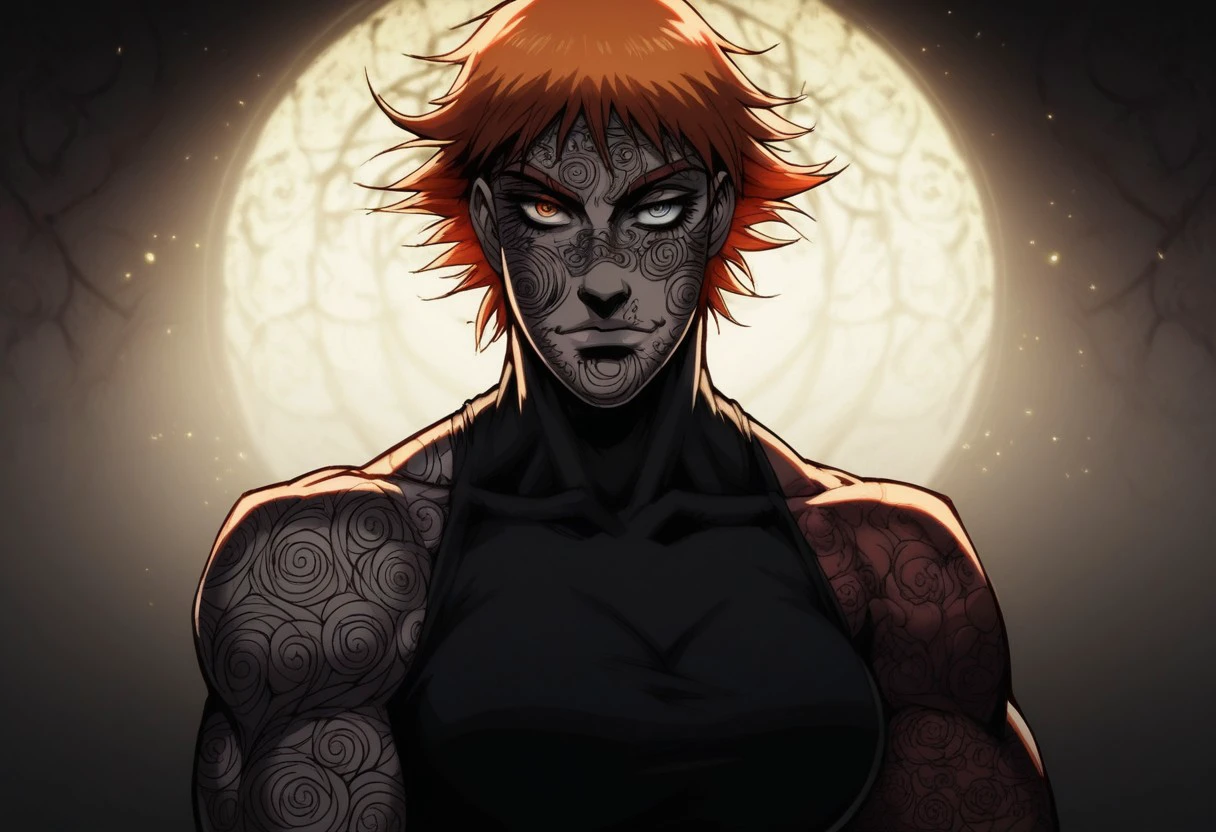 score_9, score_8_up, score_7_up, Neonhades, hellsing_ultimate_style, portrait, beautiful, dramatic lights. 1girl, zorinblitz. zorinhellsing. 1girl. female Focus. athletic female. muscular female. vampire. orange hair, tattoos, heterochromia