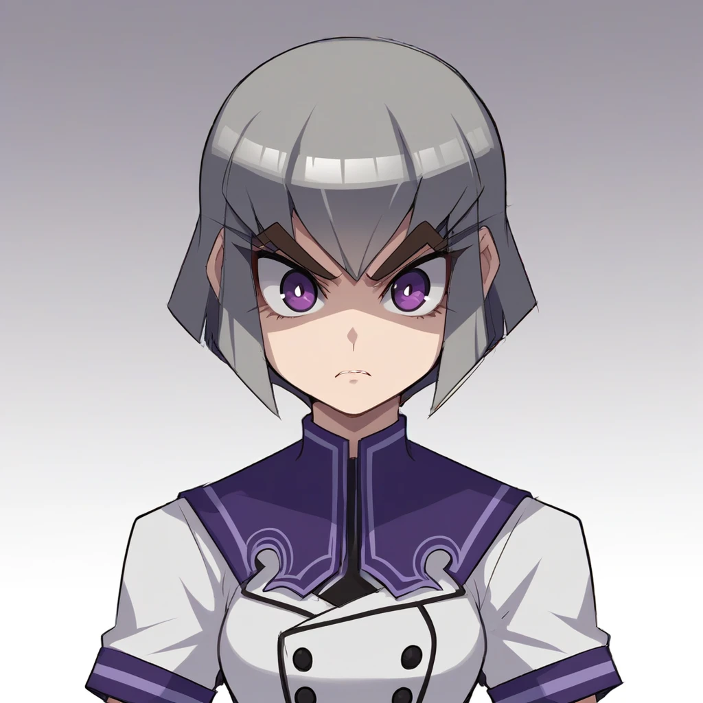 score_9_up, score_8_up, BREAK, Megatron, 1girl, solo, grey hair, short hair, purple eyes, thick eyebrows, school uniform, white shirt, skirt, black pantyhose, upper body, <lora:Megatron_RYUSEI-R_PXL_Leaf3:0.8>, gradient background,