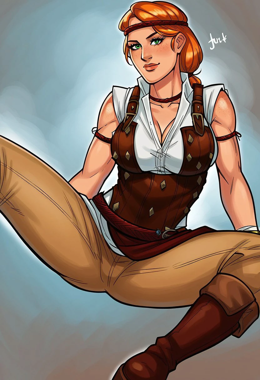 Aveline Vallen,1girl,solo,orange hair,freckles,green eyes,large breast,headband,boots,pants,bracelet,cleavage,belt,lips,shirt,armor,necklace,sleeveless,choker,armlet,anklet,vest,biceps,seductive pose,sexual pose,spread legs,
score_9, score_8_up, score_7_up, beautiful aesthetic, very intricate, high quality details,vibrant, highly detailed, award-winning, professional,anime artwork, anime style, studio anime, athletic, toned female,muscular milf,curvy body, athletic girl,fit girl,  round breasts, ,looking at viewer, pinup pose,teasing, dynamic lighting, cinematic, smug, better than you, aura of temptation, highly detailed, high resolution, masterpiece, detailed clother, detailed background, highly detailed, ((sound effects)) comic layout,