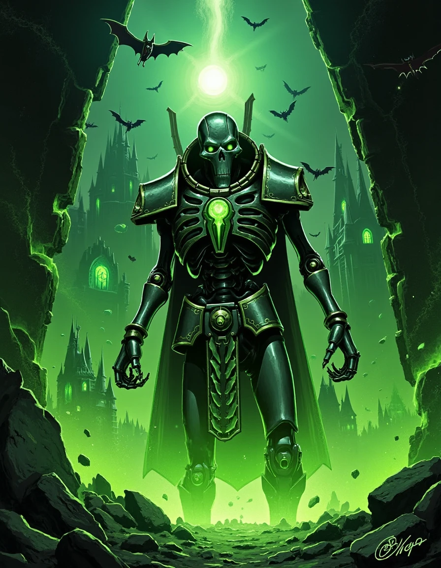 In graphic novel style, a Necron emerges from a crypt, wreathed in shadows, its glowing eyes and skeletal frame accentuated by green smoke. Gothic castles loom in the background, with bats swirling overhead and a ghostly green mist creeping across the page.