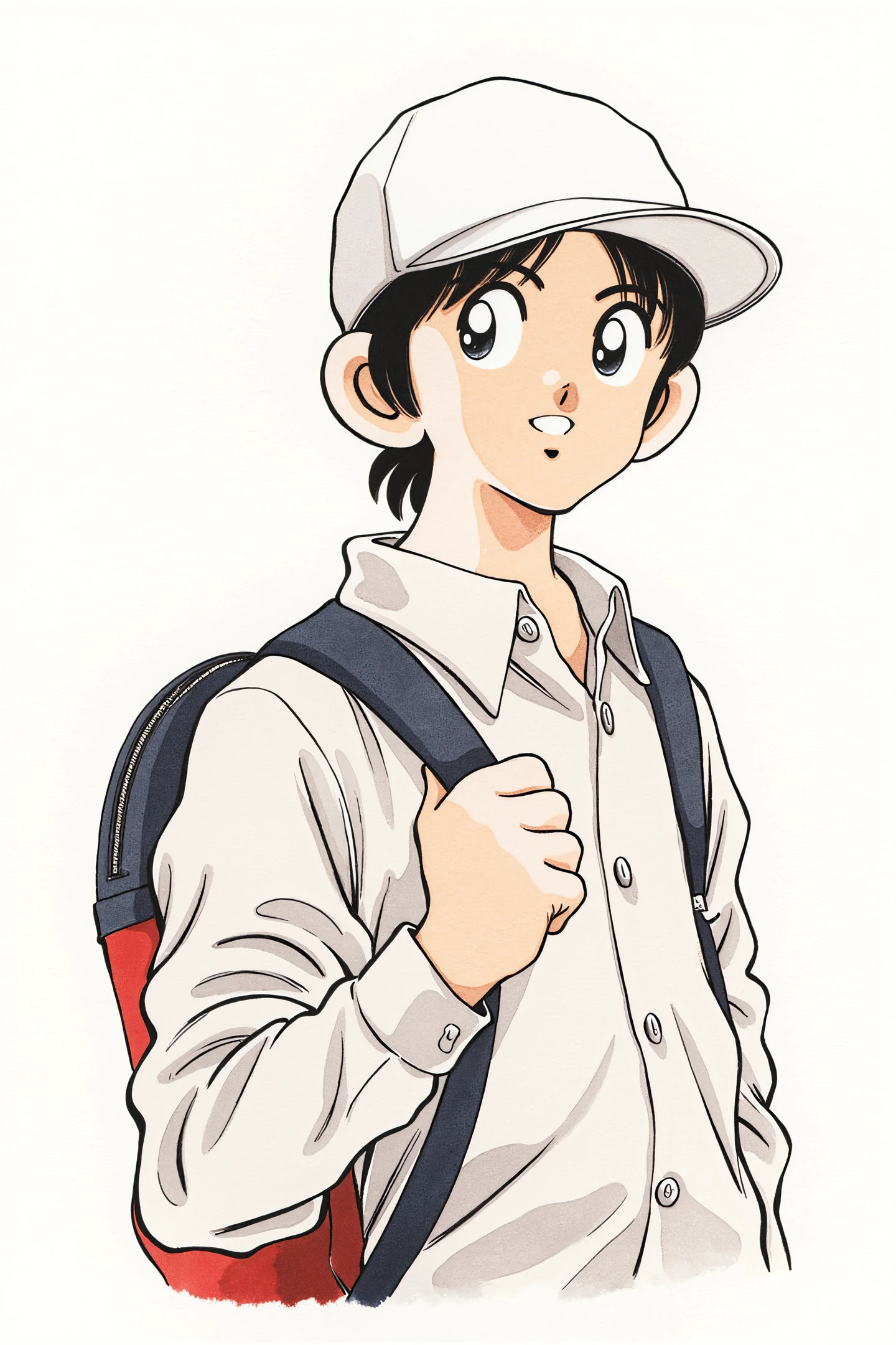 1boy,solo,backpack,bag,shirt,black hair,upper body,hat,white headwear,short hair,long sleeves,collared shirt,smile,cropped torso,black eyes,holding strap,
<lora:Adachi_FLUX:1>,