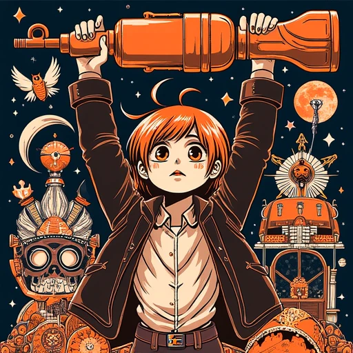 anime-style eyes, textured style with a mix of orange, digitally created collage featuring three distinct, dressed in a dark jacket and holding a large, This is a vibrant, with her eyes wide open, giving it a mechanical, raised triumphantly above his head. He has a stern, cluttered scene filled with various objects and characters. The background is a deep navy blue