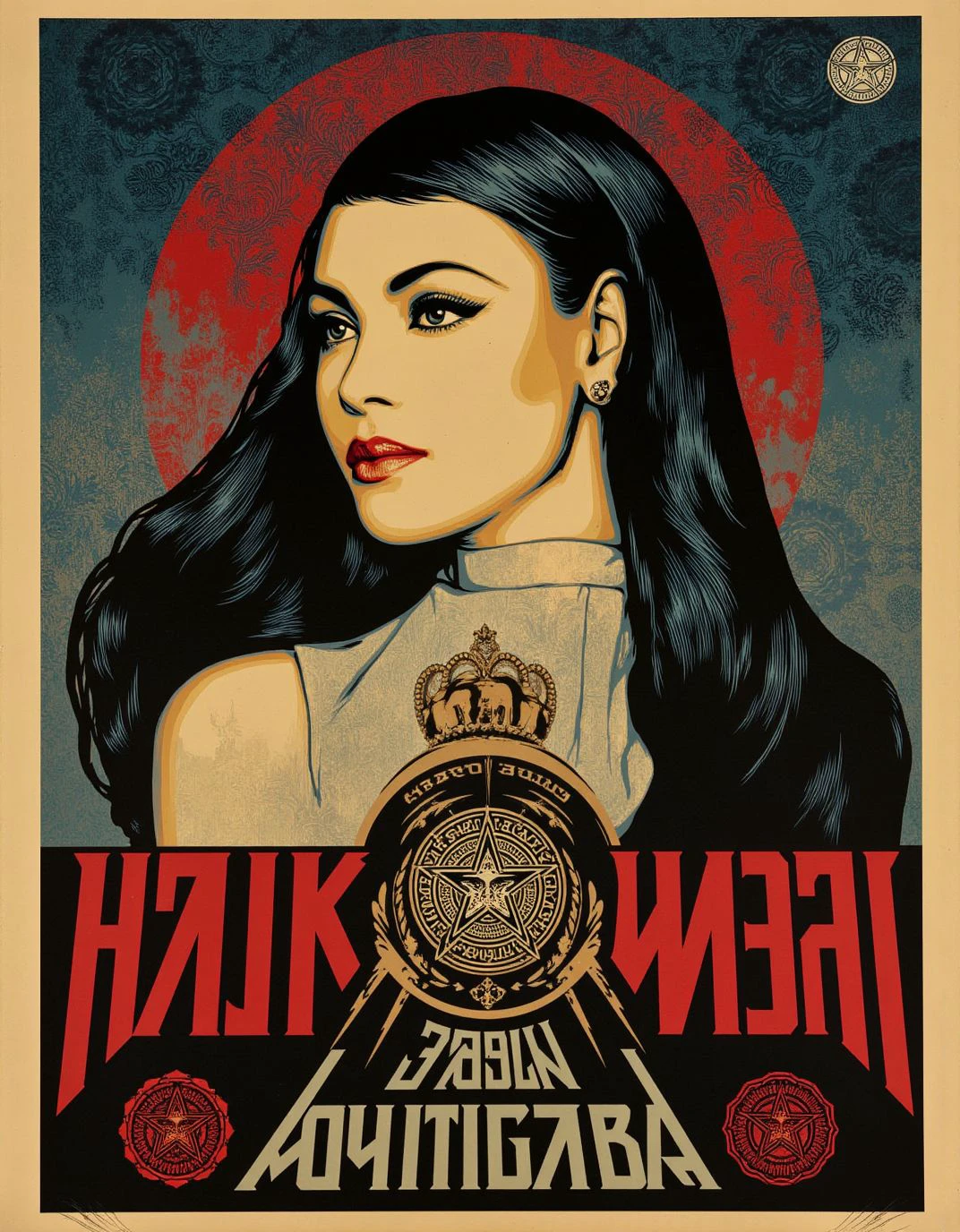 <lora:ShepardFairey:1>, ck-fairey,  poster, A mysterious femme fatal on Mars, her hair is a sleek low fall ponytail, dark eyeliner, dark mascara, Fashion week, Moon in background. The text "THE MOON IS A VERY BEAUTIFUL WOMAN. SHE IS IN CONTROL " is placed neatly at the bottom center, complementing her seducive demeanor.