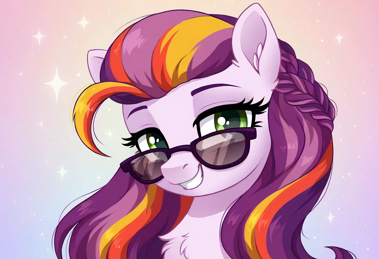 score_9, score_8_up, score_7_up, score_6_up, score_5_up, score_4_up, rating_safe, <lora:Sunny's Mom:1>Sunny's Mom , female, mare, pony, solo, bust, chest fluff, collaboration, g5, glasses, grin, looking at you, simple background, sunglasses, transparent background, ear fluff, eye clipping through hair, lidded eyes, smiling, smiling at you, collaboration:choose your starlight, detailed, beautiful, detailed background, <lora:Wholesome_MLP-v1.0:1>