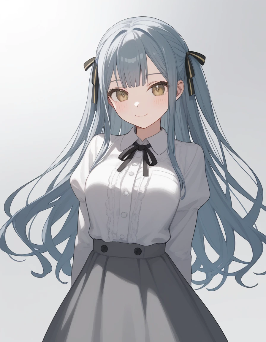 togawa sakiko, long hair, two side up, blush, breasts, smile, <lora:togawa_sakiko_ponyXL_V1.1:1>, 1girl, solo, looking at viewer, long sleeves, neck ribbon, grey ribbon, buttons, skirt, grey skirt, puffy sleeves, white shirt, black ribbon, gradient background,, score_9, score_8_up, score_7_up