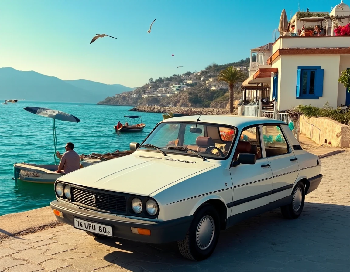 Parked near the edge of a quaint seaside town along the Aegean coast, a Renault 12 Toros is framed against the backdrop of turquoise waters and traditional whitewashed houses with blue shutters. The scene is serene, with fishing boats bobbing gently in the harbor and seagulls circling overhead. The Toros, slightly weathered from years of use but still reliable, stands proudly near a small cafÃ© where locals sip tea and play backgammon. The car's backseat is filled with beach gearâumbrellas, towels, and a basket of snacksâsuggesting a relaxed day by the sea. Late afternoon sunlight casts long shadows, giving the scene a dreamy, laid-back atmosphere. The view is captured from a slight distance, focusing on the Toros while allowing the beauty of the town and sea to fill the frame, blending the charm of coastal Turkey with the timeless appeal of this beloved car. "16 UFU 80" is written on the license plate. There's a driver in the car.
 <lora:uai_R12Toros_v104:1>