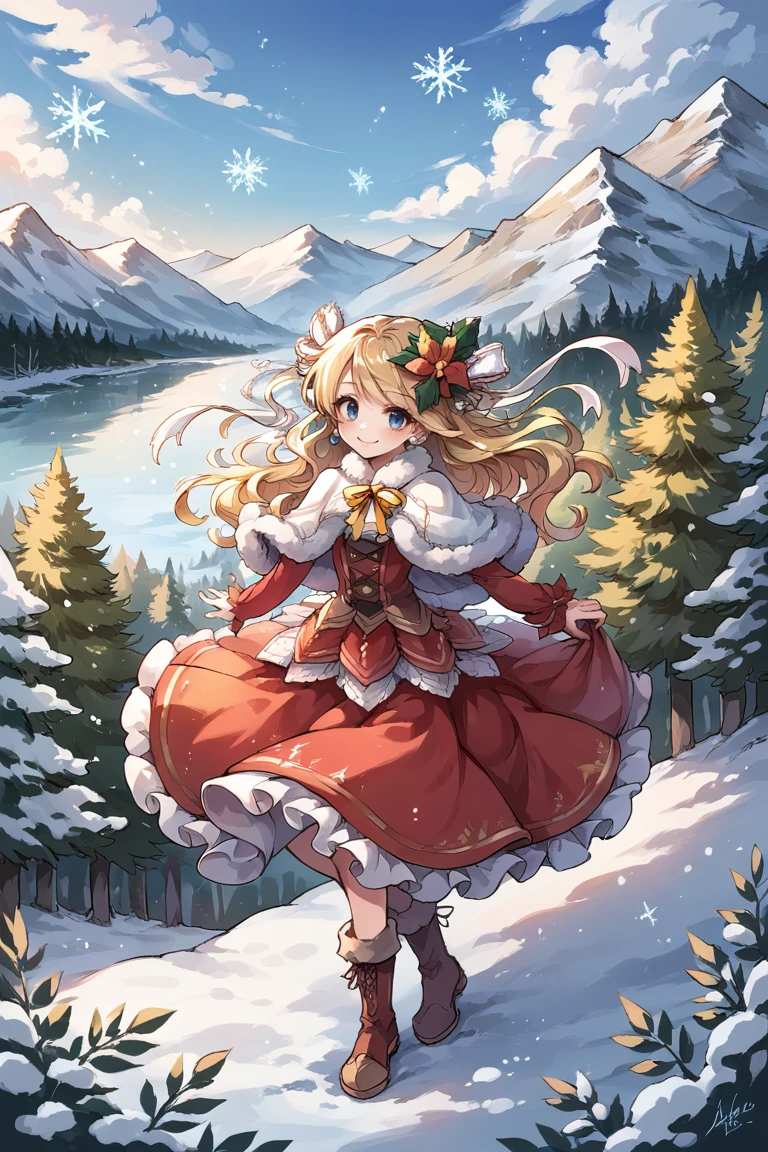 (score_9, score_8_up, score_7_up), source anime,   <lora:backgroundsetXL:0.2> , background,  scenery, nature, winter, snow, snowflakes, sparkles, glitter, fairies, outdoors, trees, mountain, BREAK
<lora:Priscilla:0.7> , prdef, 1girl, blonde hair, blue eyes, long hair, flower, hair ornament, hair ribbon, white hair ribbon, neck ribbon, yellow neck ribbon, hair flower, earrings, capelet, fur-trimmed capelet, dress, red dress, layered dress, frilled dress, red sleeves, white shirt, frills, ruffles, lace, boots, full body, smile, christmas (theme),  looking at viewer,   <lora:sxz-bqt-smol-pdxl:0.2> , bqt style,