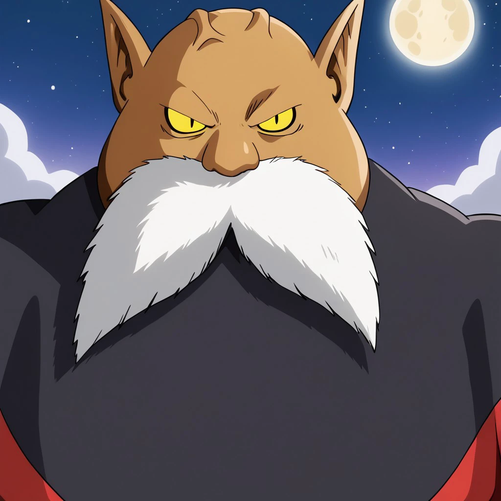 male, solo, muscular, big white mustache, anthropomorphic male, pointed ears
yellow eyes, black dot eyes, large build, overweight, fat, brown skin, red and black suit, white gloves, white simple bots, big hands, 4k, masterpiece, best quality, detail background, standing on a calm beach at night, gazing up at the full moon, his reflection visible in the water. His posture is relaxed, but his eyes are focused as if he's contemplating something important. beach, night, full moon, reflection, contemplative, calm, serene