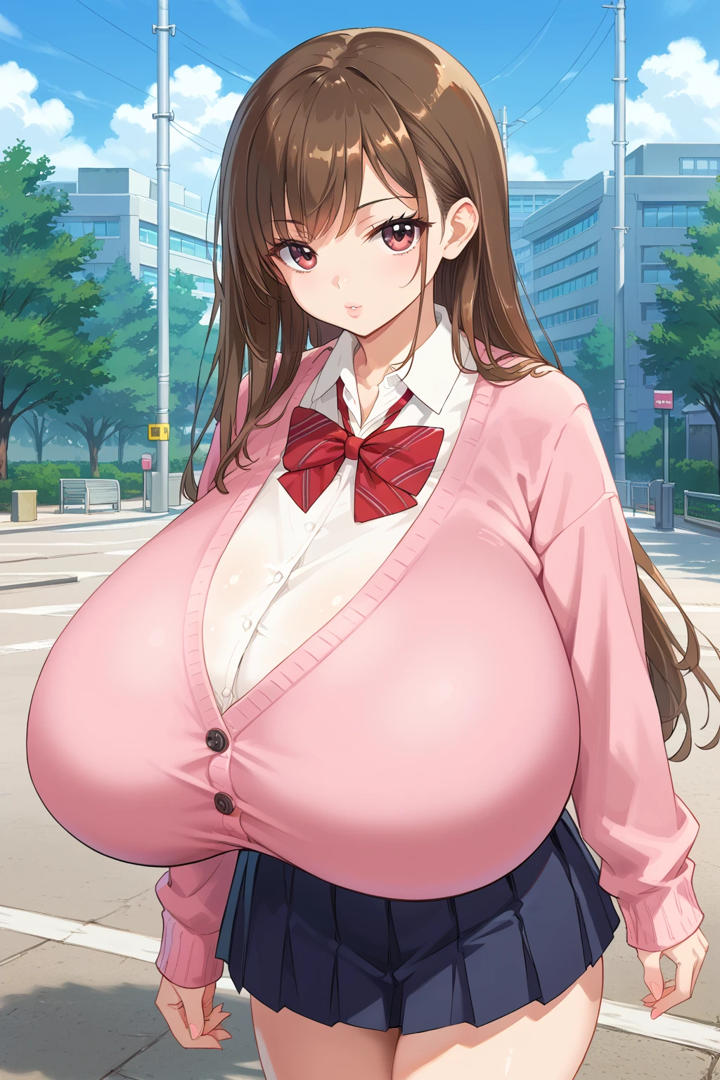 score_9, score_8_up, score_7_up, source_anime, BREAK, <lora:Tworship Pony:0.6>, gigantic breasts, school uniform, school, pleated skirt, brown hair, long hair, lips, looking at viewer, pink cardigan