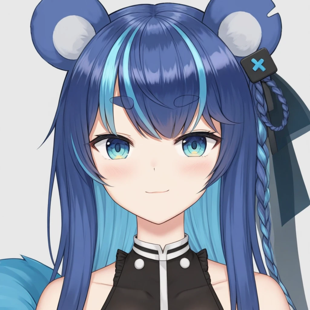 uruka, alternative outfit, bear ears, long blue hair, streaked hair, bangs, virtual youtuber,
close up, collarbone, open shoulder, 
 <lora:URUKA-XLv2-t1:0.6>